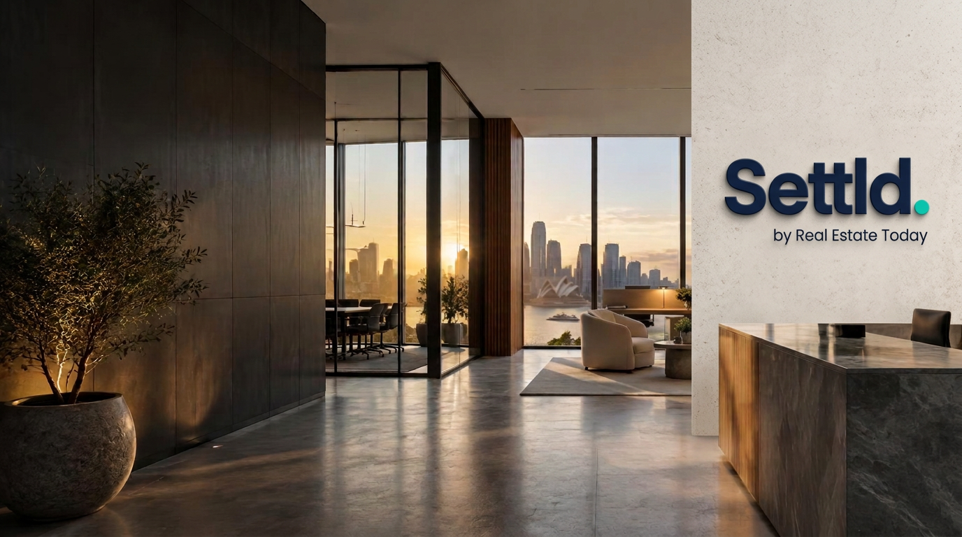Contemporary Australian real estate workplace overlooking the city